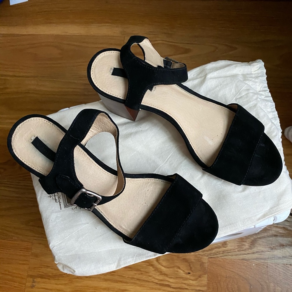 FRYE black suede block heel